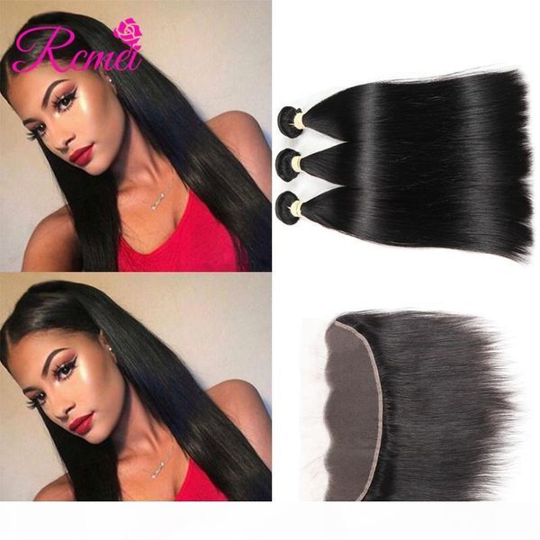 

rcmei straight human hair 3 bundle with lace frontal closure nutural black 8-28inch straight hair extension indian hair bundles with closure, Black;brown