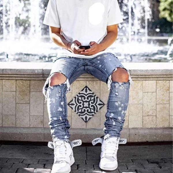 

men's jeans men pants casual hip hop light blue holes skinny biker slim leisure fashion streetwaer denim plus size 2xl