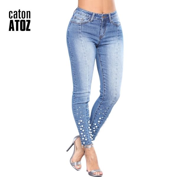 

catonatoz 2160 new arrived mom jeans ladies cotton pearl jeans denim pants stretch womens ripped skinny jeans for female 201106, Blue