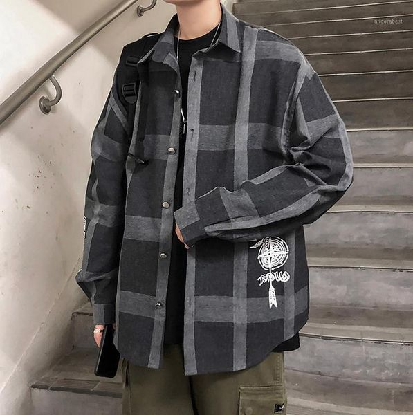 

2020spring and autumn new youth popular color matching lapel plaid long-sleeved shirt fashion casual loose large size coatjacket1, White;black