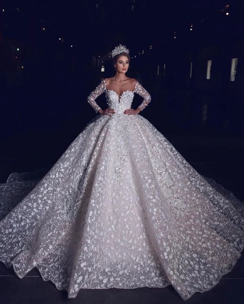 

glamorous wedding dresses lace appliques 3d flower bridal gowns floar long sleeves sweetheart robe de mariÃ©e custom made, White