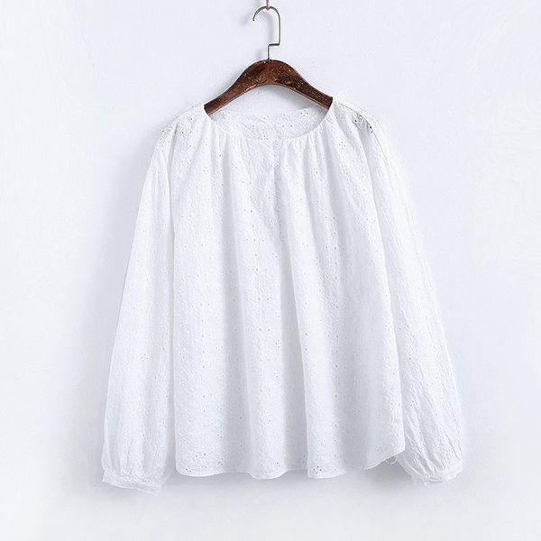 

shirt women spring literature lantern sleeve loose o-neck hollow out embroidered long-sleeved female clothes casual women 1, White