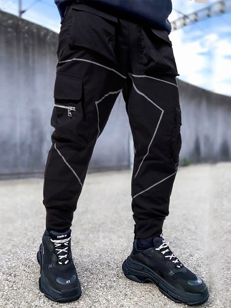 

men reflective binding zip pocket cargo pants p5uv#, Black