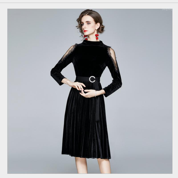 

women's autumn and winter new style retro mesh stitching long-sleeved black dress women casual black with belt1, Black;gray