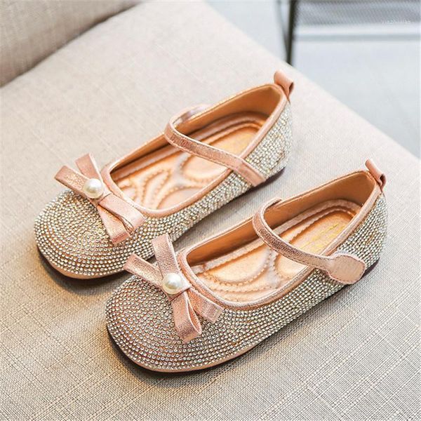 

flat shoes 2021 spring girl leather children princess bow pearl rhinestone flats black pink silver wedding party dance shoes1, Black;grey