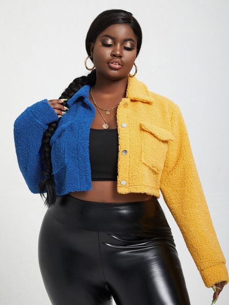 

sxy plus two tone crop teddy jacket b4zd#, Black