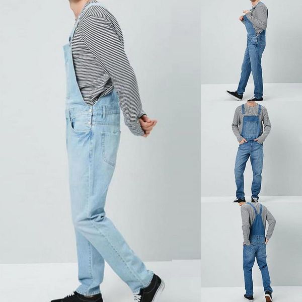 

men's jeans vintage denim overalls men solid slim one piece full length casual straight button strap pant pockets pantalon homme, Blue