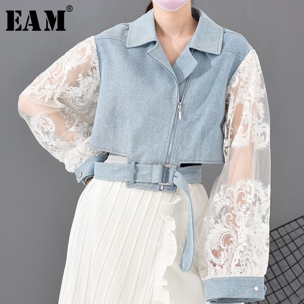 

[eam] loose fit lace stitch denim bandage short jacket new lapel long sleeve women coat fashion tide spring 1d63805 201106, Black;brown