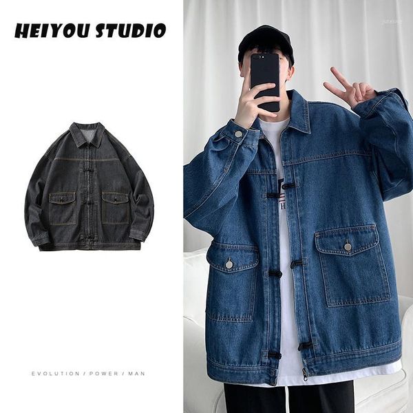 

autumn korean denim jacket men's fashion solid color retro casual denim jackets mens streetwear loose hip-hop bomber jacket men1, Black;brown
