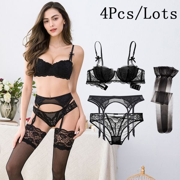 

varsbaby gather underwear set cotton lace push up lingerie bra+panties+garter+stockings 4 pcs bra and transparent panty set y200115, Red;black