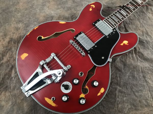 

china electric guitar oem shop electric guitar hollow jazz guitar transparent red, matte color,handmade heavy re lic
