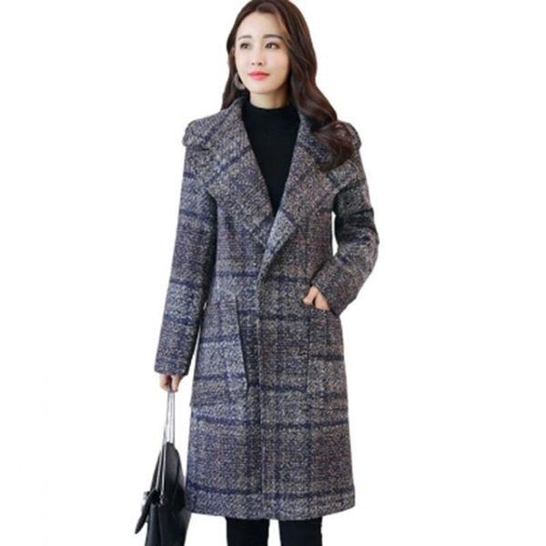 

2020 new fashion women's wool blends coat elegant lady turn down collar plaid middle long woolen coat casaco feminino coats f528, Black