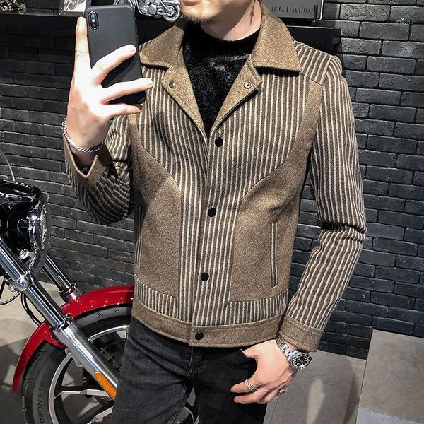 

korean style short stripe printing woolen jacket mens wool trench coat abrigo largo hombre autumn woolen jacket men's1, Black