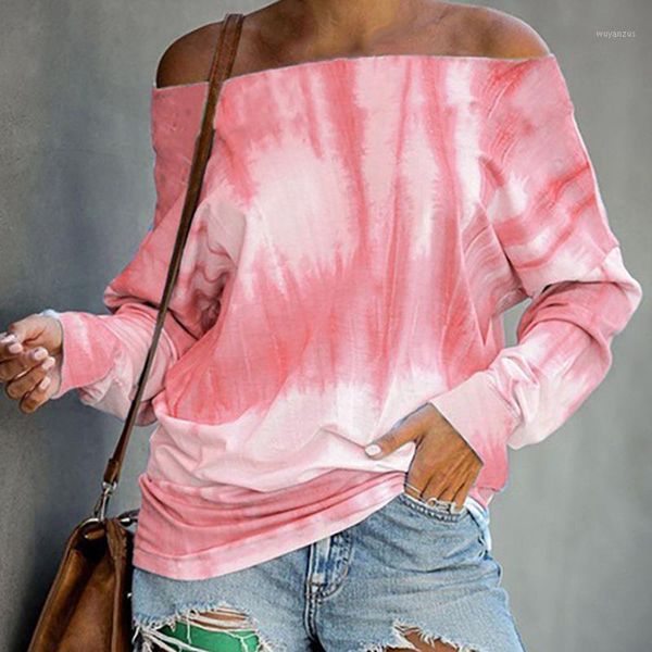 

autumn womens tie-dye print t-shirt casual fashion ladies pullover streetwear loose slash neck long sleeve off shoulder 1, White
