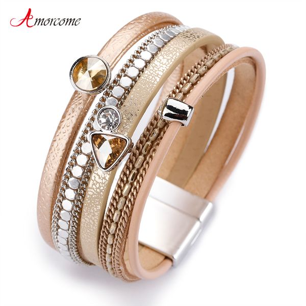 

amorcome multilayer leather bracelets for women trendy rhinestone crystal charm femme wide bracelets & bangles female jewelry, Golden;silver