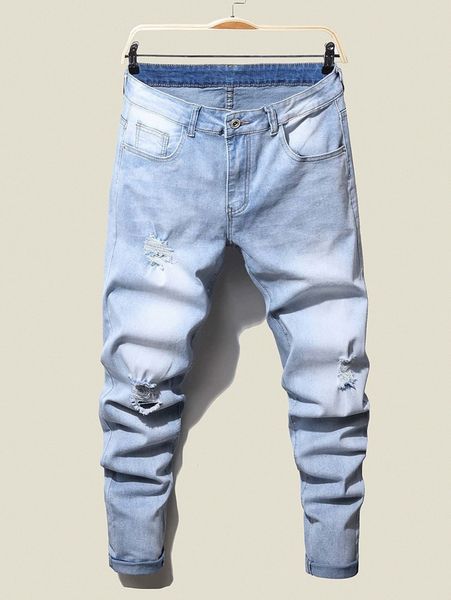 

men bleach wash ripped frayed tapered jeans e46r#, Blue