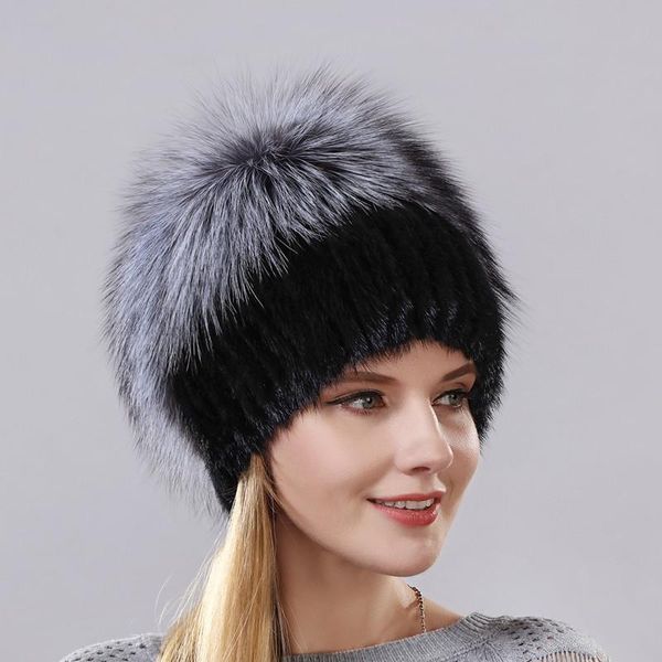 

beanie/skull caps style winter warm real cap for women natural mink hats vertical weaving with fluffy fur on the top, Blue;gray