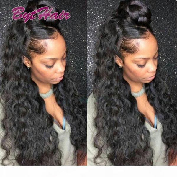 

bythair brazilian curly human hair wigs brazilian water wave lace front wigs glueless full lace wigs bleached knots, Black;brown