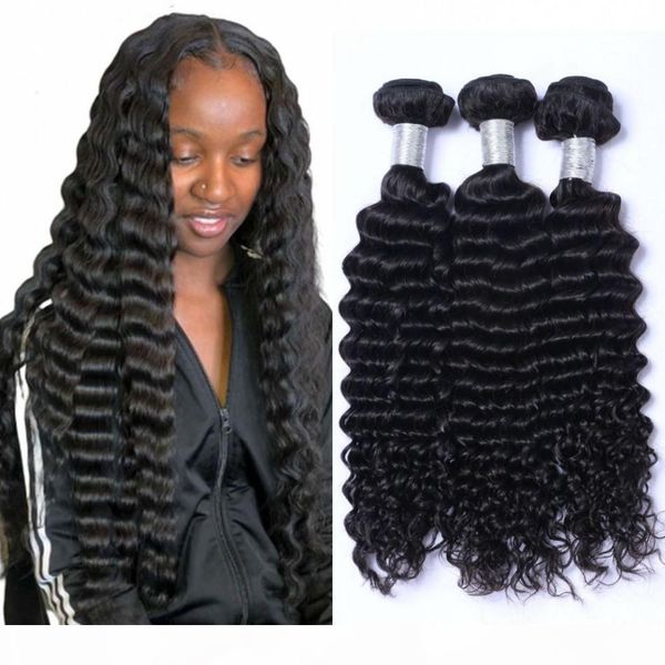 

deep wave связки перуанский human пучки волос 3 шт virgin natural color extensions curly человеческих волос weave связки, Black