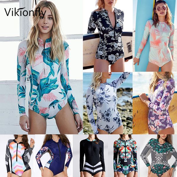

vikionfly one piece swimsuit women 2020 long sleeve swimwear plus size zipper onepiece swimming suit for surfing bathing suit t200708, White;black