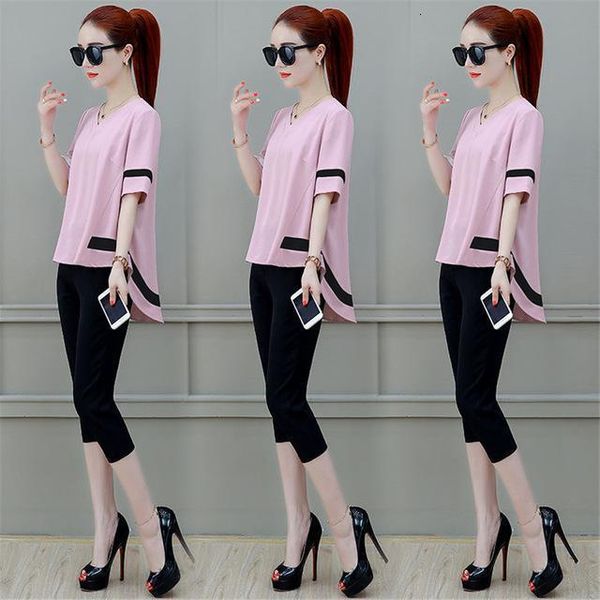 

случайные 2 шт. короткими рукавами о-шеи топы + обрезанные брюки дамы, Gray