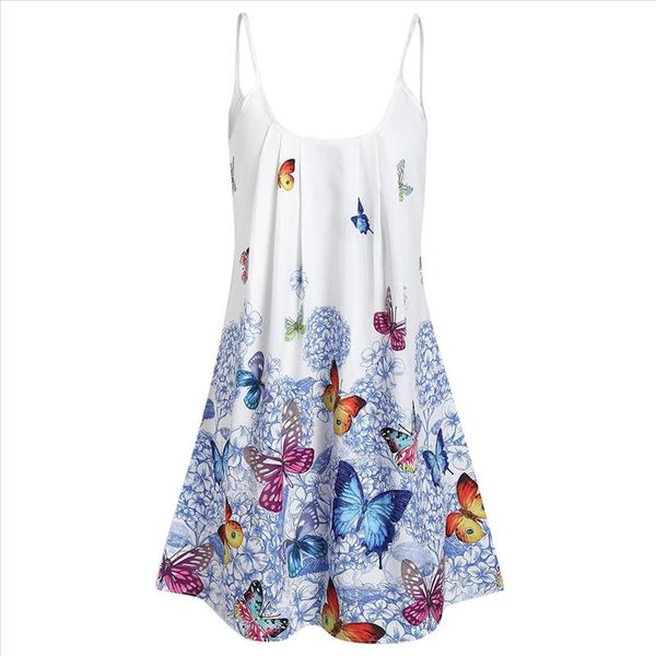 

lady large size butterfly print loose strap dress summer simple outdoor leisure beach holiday party mini o neck dress plus size, Black;gray