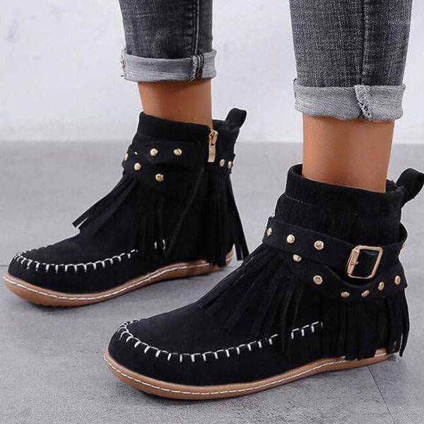 

boots retro tassel short boot women national wind flat ankle solid winter casual women's booties botas de mujer kl7711, Black