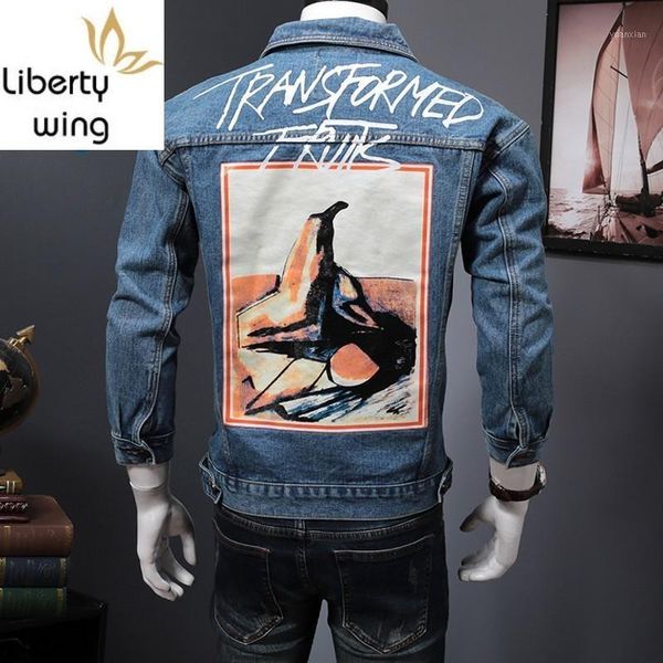 

fashion printed mens spring personality washed denim jackets moto biker long sleeve single breasted slim male coats plus size1, Black;brown