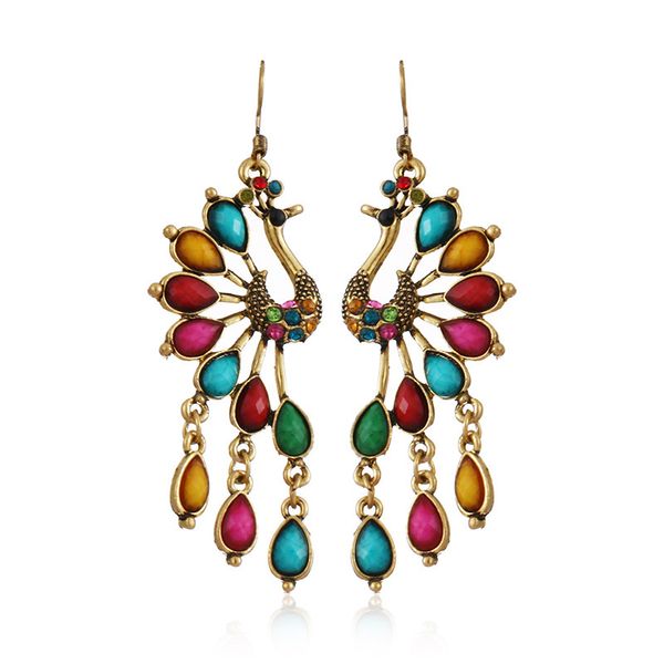 

fashion luxury earrings, in europe and america, bohemian retro diamond-studded resin gemstone peacock earrings earrings tassel ear, Black