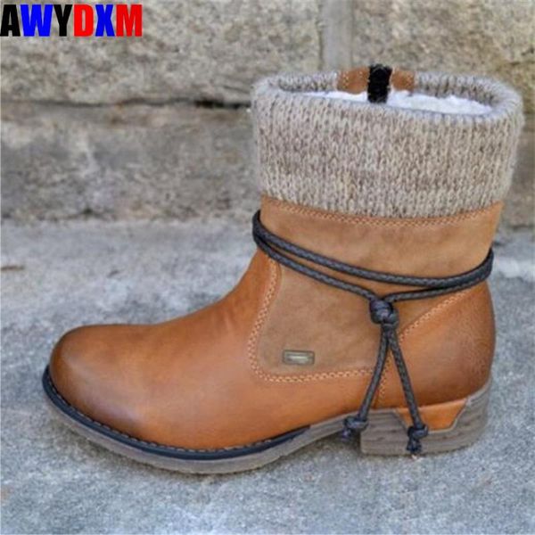

women pu leather ankle boots woman winter shoe zipper vintage lady punk boots low heels female short warm plush snow mujer, Black