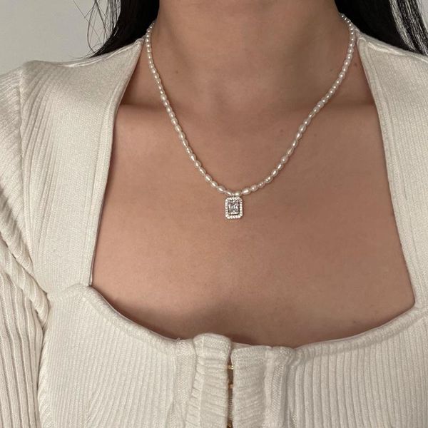 

chokers timeonly elegant square waterdrop cz zirconia pendant necklace imitation pearl chain necklaces for women korean baroque jewelry, Golden;silver