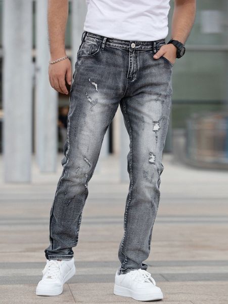 

men bleach wash ripped slant pocket skinny jeans h07j#, Blue