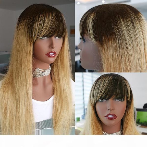 

colored 1b 27 non lace wig 150% density peruvian remy straight ombre human hair wigs with bangs for black women honey blonde glueless wig, Black;brown