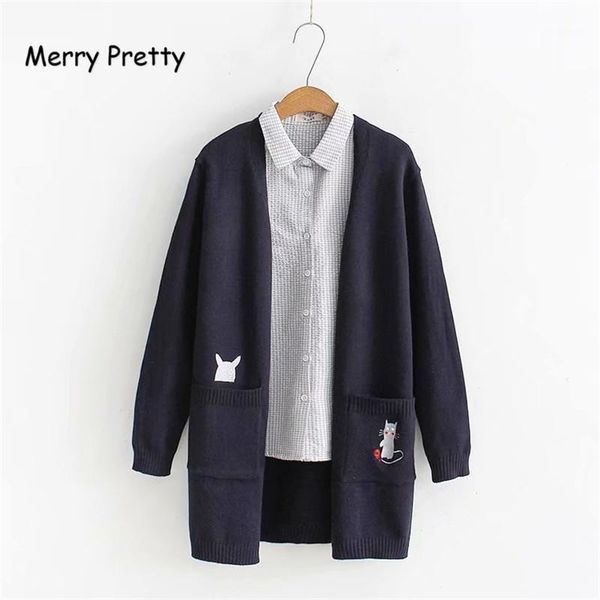 

2020 autumn long sleeve cardigans cartoon cat embroidery on pockets casual women knitted sweaater outwear knitwear1, White