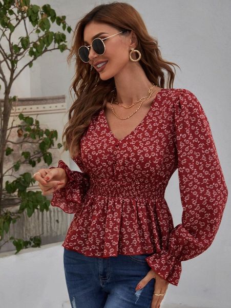 

ditsy floral flounce sleeve peplum blouse 60ap#, White