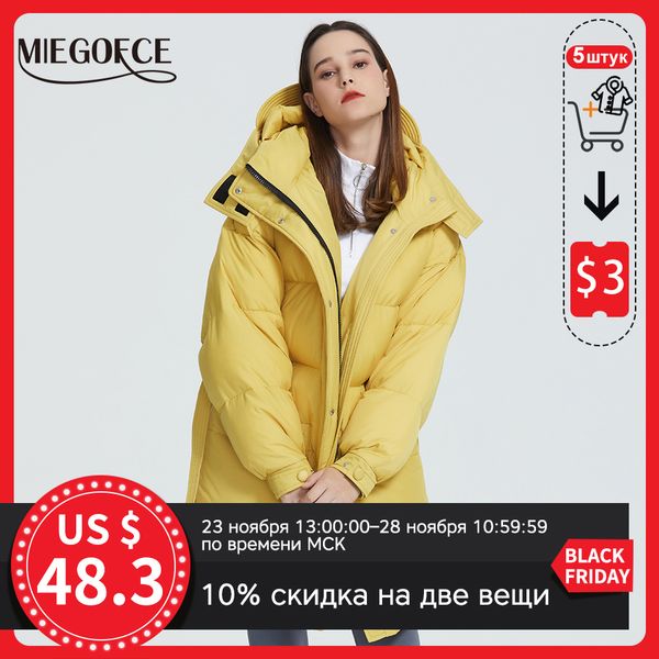 

miegofce 2020 new design winter coat womens parka insulated cut with patch pockets casual loose jacket stand collar hooded, Black