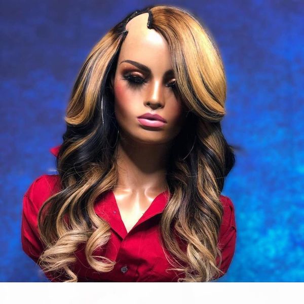 

paff body wave highlight color1*3 u part wig human hair wigs natural 180% density glueless brazilian virgin hair for black women, Black;brown
