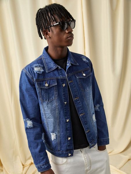 

romwe guys ripped button front denim jacket r1dn#, Blue