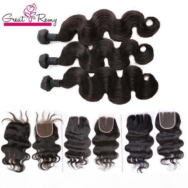 

greatremy 3pcs brazilian hair bundles with closure 1pc human virgin hair weave full head peruvian hair extensions weave, Black