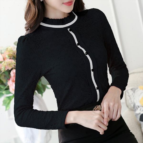 

2021 women elegant long sleeve shirt lace blouse female stand puff sleeve solid shirt plus size 3xl, White