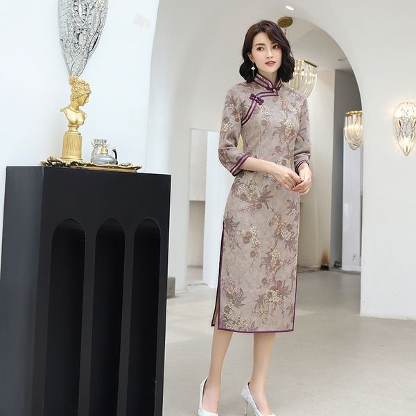 

длинный тан mengyu бархат модно элегантные средний длинный cheongsam один слой среднего рукава cheongsam mmqno, Black;gray