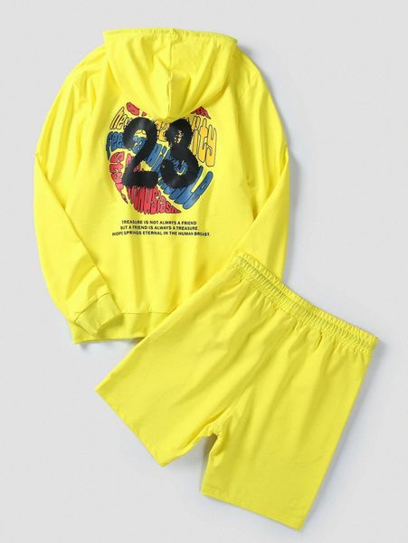 

men slogan graphic kangaroo pocket drawstring hoodie & shorts z4gk#, Gray