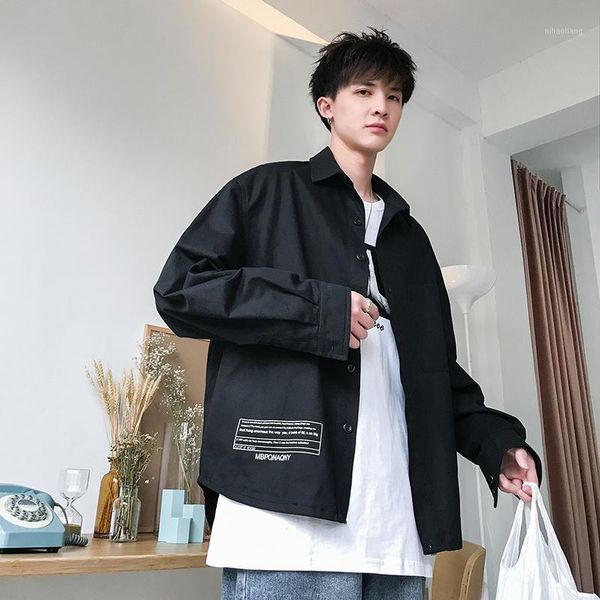 

men's casual shirts 2021 spring and autumn youth men's back printed long sleeve shirt fashion loose wild black / green1, White;black