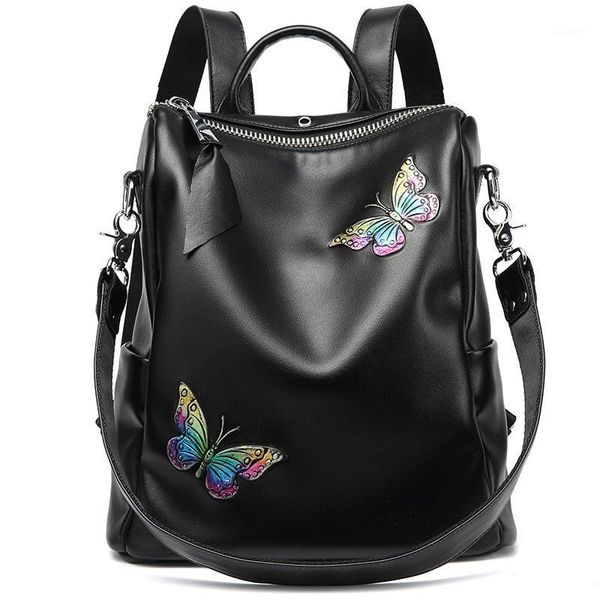 

backpack style 2021 est fashion genuine leather shoulder female bag women's trendy butterfly printed black large capacity handbag1