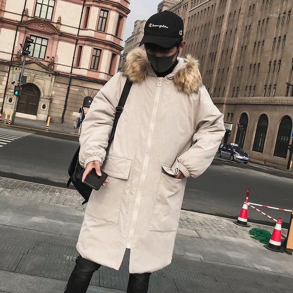 

parka men 2020 winter keep fashion men's padded warm coat with fur hood thick outwear male snow medium-long jacket1, Black