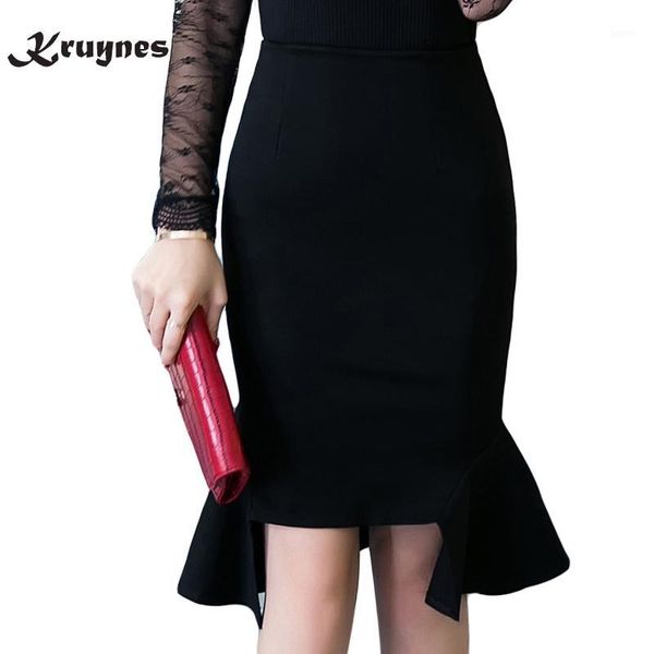 

2018 new office skirt fish tail high waist stretch women's pencil skirts package hip bodycon jupe plus size 5xl1, Black