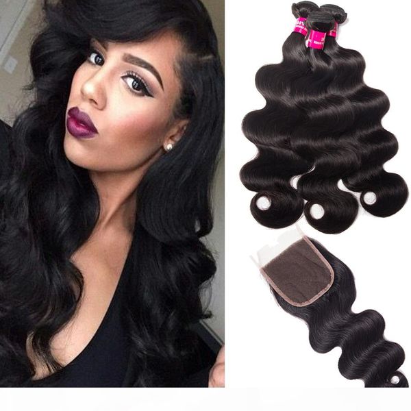 

8a brazilian virgin hair body wave straight loose wave kinky curly deep wave with 4x4 lace closure bundles deals 100% unprocessed human hair, Black;brown