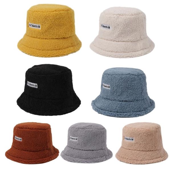 

wide brim hats women winter faux fleece bucket hat letters label solid color thicken warm 2021 korean harajuku student adjustable fisherman, Blue;gray