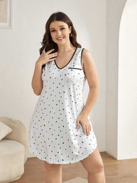 

plus heart and striped print contrast binding night dress q7ze#, Black;white