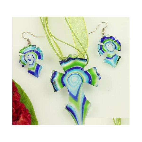 

cross lampwork blown venetian murano glass pendants necklaces and earrings jewelry sets fashion jewelry mus033 da5nw, Silver